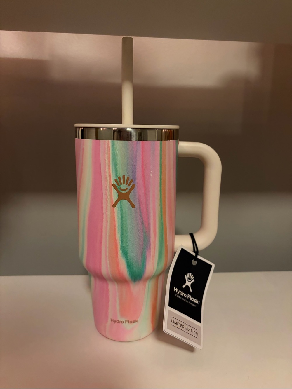Hydro Flask Pastel Stripe Travel Tumbler with Straw - Pink & Green